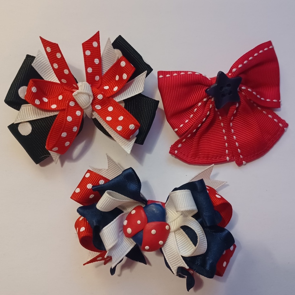 Lot Of 3 Grosgrain Hair Bows Red White & Blue Patriotic 4th of July Polka Dots